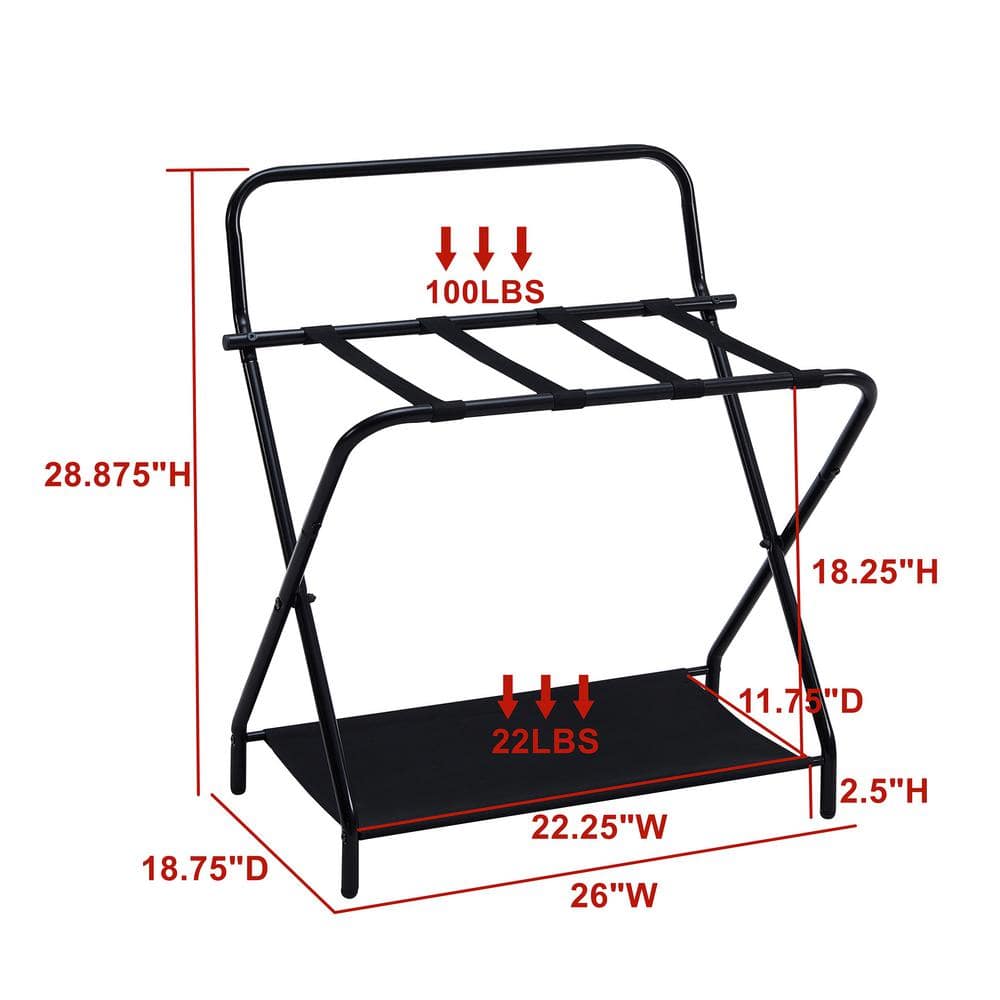 Black Metal Folding Luggage Rack with Fabric Shelf