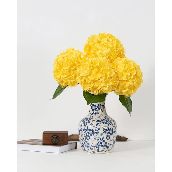 3-Piece 20 in. Yellow Hydrangea Artificial Flowers Latex Real