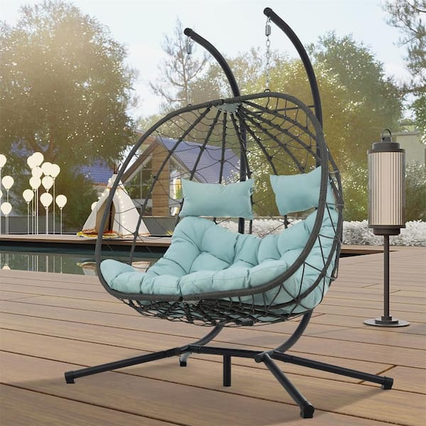 Unbranded 2-Persons Metal Patio Swing Hammock Hanging Chairs with Coral Blue Cushions and Stand Outdoor Loveseat 2-Seat Egg Chair