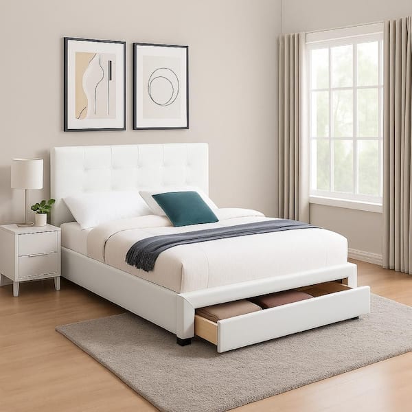 Benjara White Wooden Frame Queen Platform Bed with Drawer