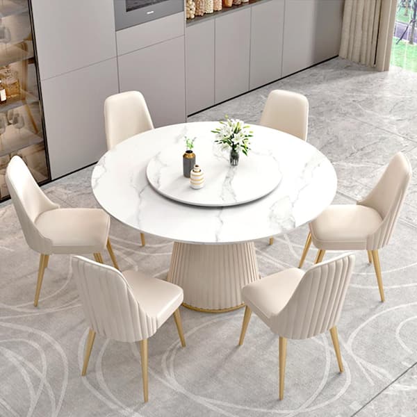 59.05 in. Rotable Round Lazy Susan Sintered Stone Tabletop Kitchen Dining Table with White Pedestal Metal Base (8 Seats)