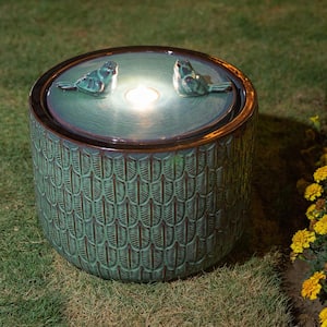 14.75 in. H Turquoise 2 Birds Embossed Leaf Pattern Cylindrical Ceramic Fountain with Pump and LED Light (KD)
