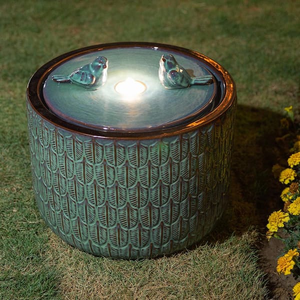Glitzhome 14.75 in. H Turquoise 2 Birds Embossed Leaf Pattern Cylindrical Ceramic Fountain with Pump and LED Light (KD)