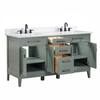 Avanity Madison double sink vanity in smoke green with open drawers and cabinets.
