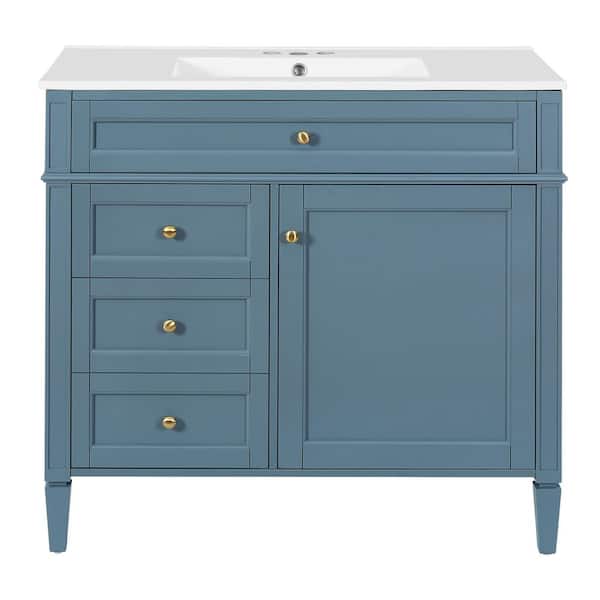 36 in. Single Sink Freestanding Blue Bath Vanity with White Ceramic Top, Adjustable Shelf, 3-Drawers, Door Racks
