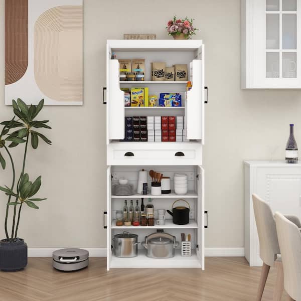 6-Shelf White Wood Kitchen Pantry Organizer Linen Cabinet Kitchen Island with Adjustable Shelves, Drawer