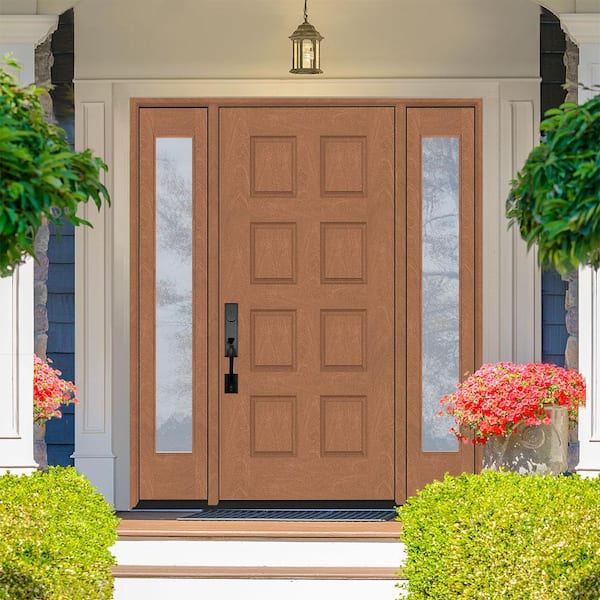 Regency 68 in. x 80 in. 8-Panel LHOS AutumnWheat Stain Mahogany Fiberglass Prehung Front Door w/Dbl 14in.Sidelites