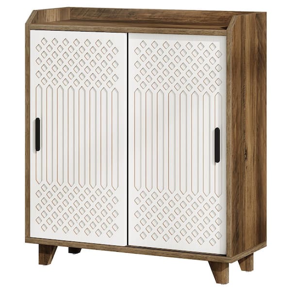 Ahlivia Brown and White Wood 35.43 in. Kitchen Storage Cabinet Sideboard Buffet with Sliding Doors, Adjustable Shelves
