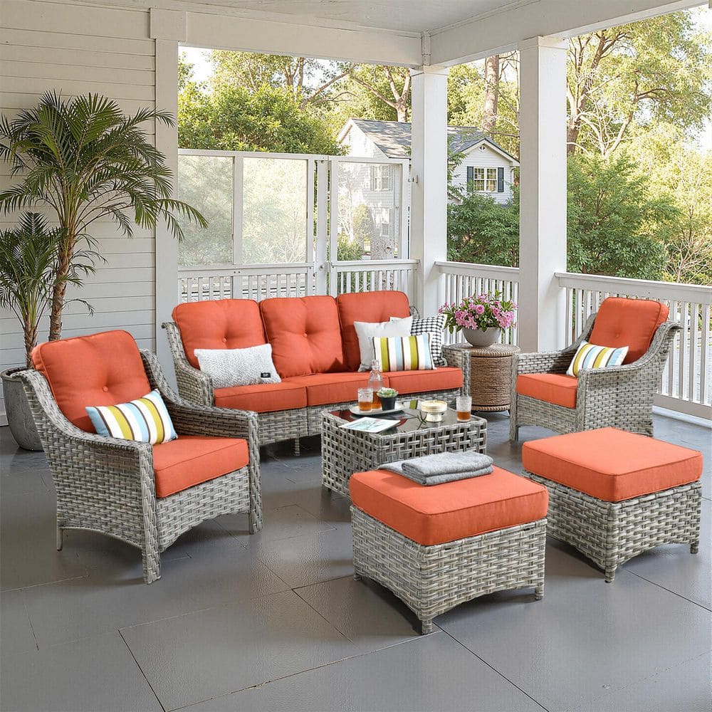 Verona Grey 6-Piece Wicker Modern Outdoor Patio Conversation Sofa Seating Set with Red Cushions price history on PriceWatchPro