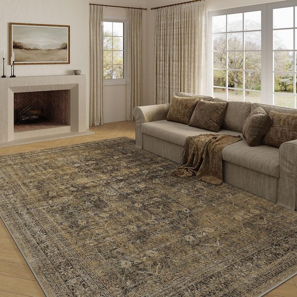 Hampton Brown 9 ft. x 12 ft. Distressed Vintage Floral Area Rug