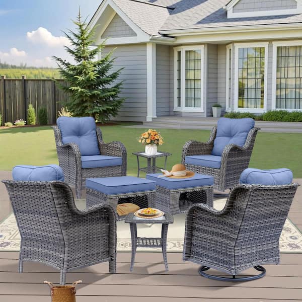 Gray 8-Piece Wicker Patio Conversation Set Outdoor Lounge Chair Swivel Rocker Ottoman Side Table with Denim Blue Cushion
