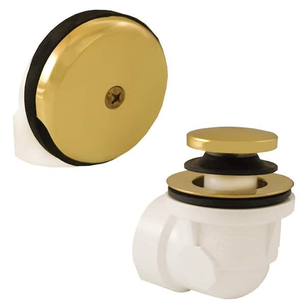 JONES STEPHENS Toe Touch White Plastic Tubular 1-Hole Bath Waste and Overflow Tub Drain Half Kit, Polished Brass