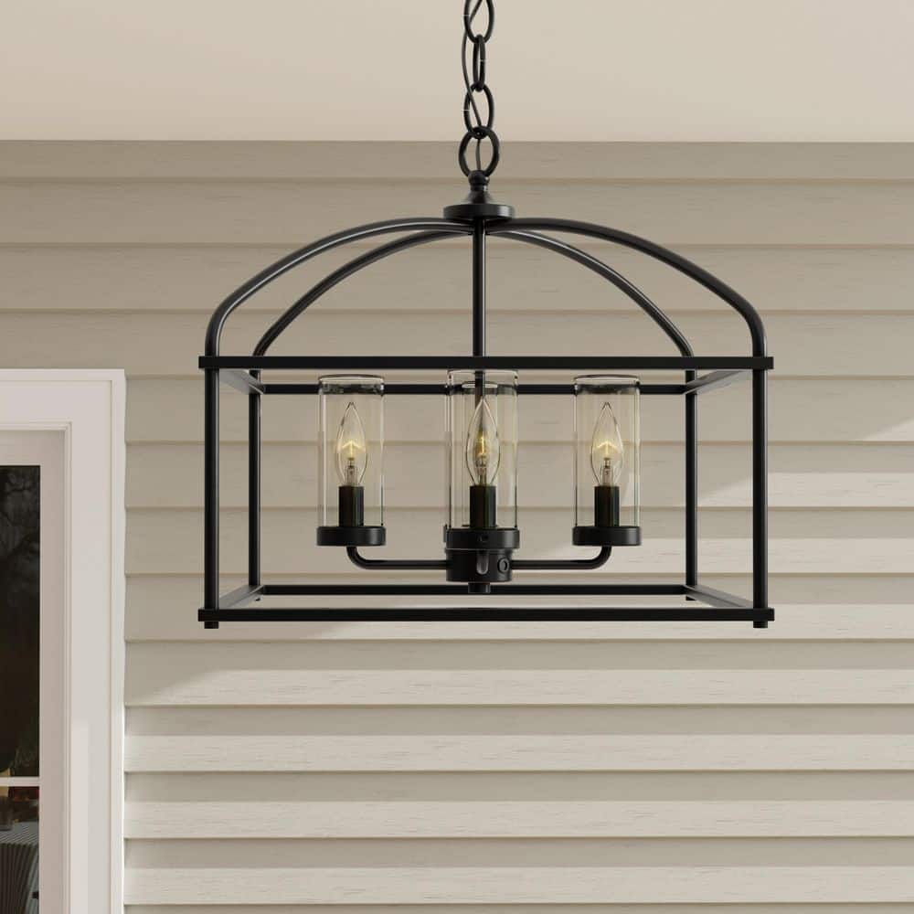 Swansea Matte Black Steel Outdoor Cage Chandelier with Clear Glass Shades
