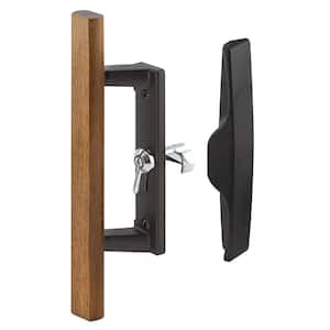 Sliding Glass Door Handle Set, 3-15/16 in., Diecast and Wood, Black, Hook Style, Internal Lock