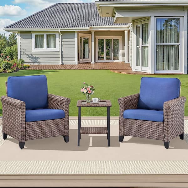 Brown 3-Piece Wicker Outdoor Bistro Set with Side Table, Patio Rattan Lounge Chair Set with Blue Cushions
