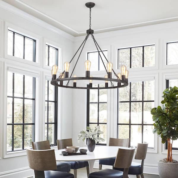 12-Light Antique Black Circle Candle Design Wagon Wheel Chandelier Linear Chandelier Lighting for Dining Room