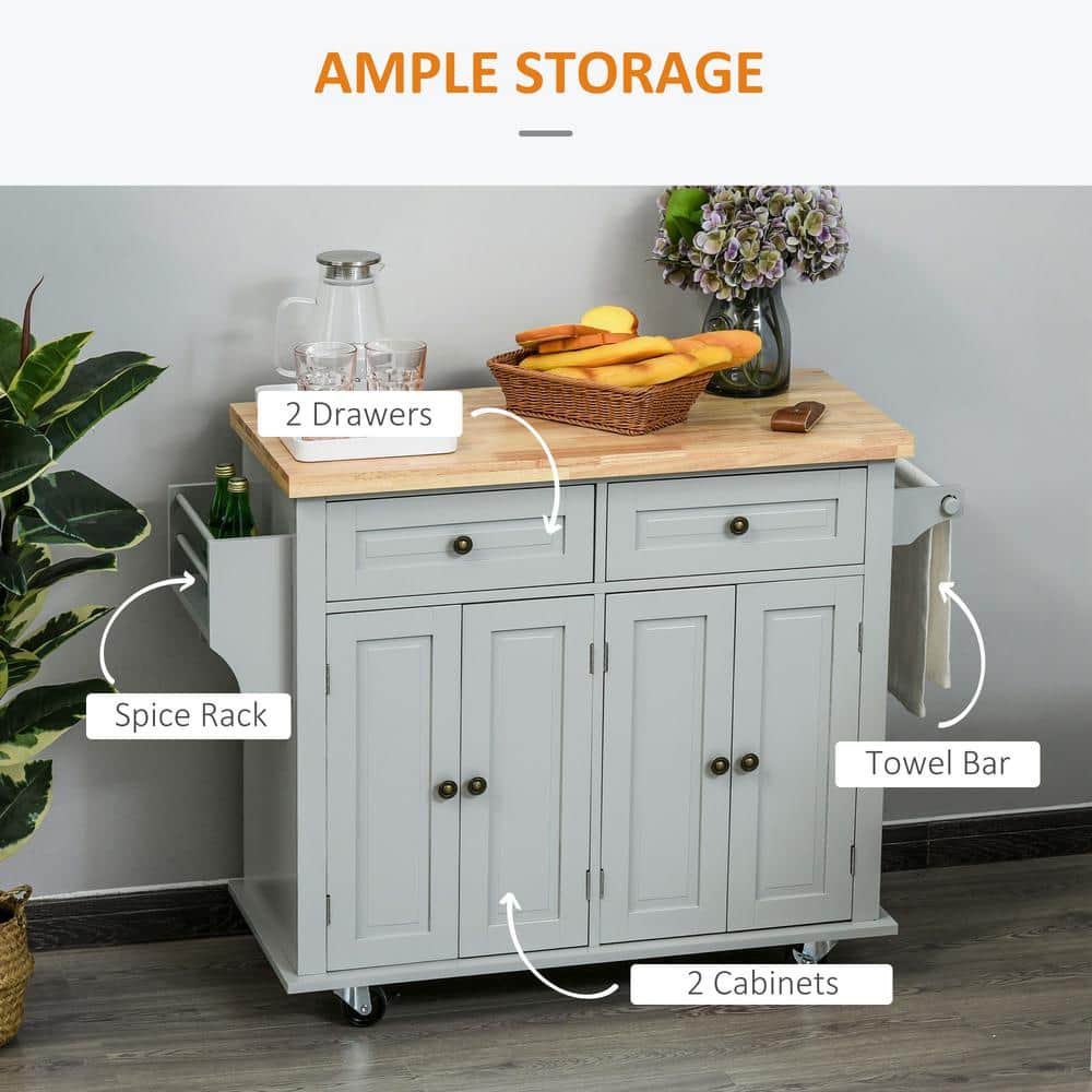 Gray Wood Kitchen Cart with Butcher Block Top and Spice Rack