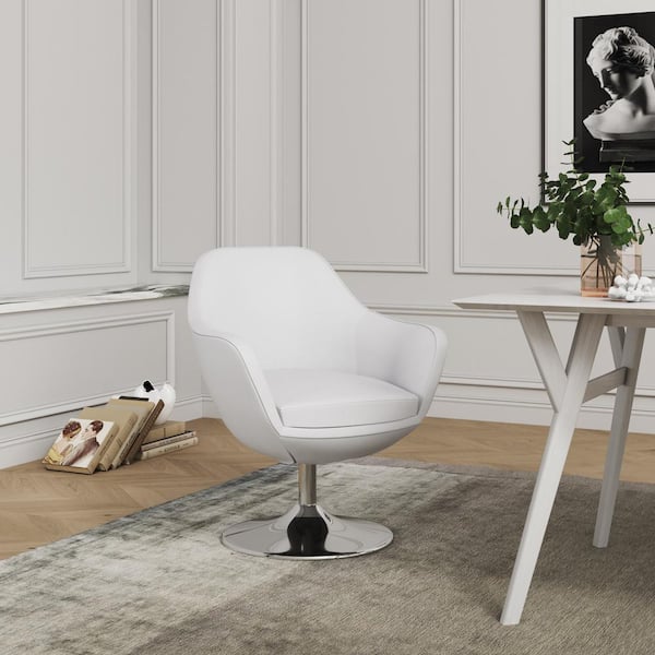 Manhattan Comfort Caisson Modern White and Polished Chrome Faux Leather Upholstered Swivel Accent Arm Chair (Set of 2)