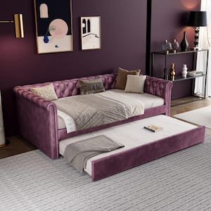 Ansha Modern Upholstered Velvet Daybed with Trundle, Tufted, Nailhead Trim, Mattress Not Included, Purple