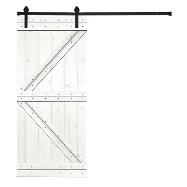 AIOPOP HOME Modern K-Bar Serie 42 in. x 84 in. White Stained Knotty Pine Wood DIY Sliding Barn Door with Hardware Kit
