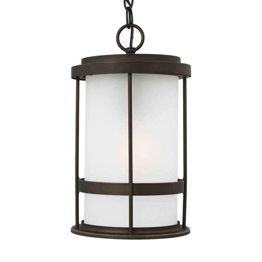 Wilburn Antique Bronze 1-Light Outdoor Pendant with Satin Etched Glass