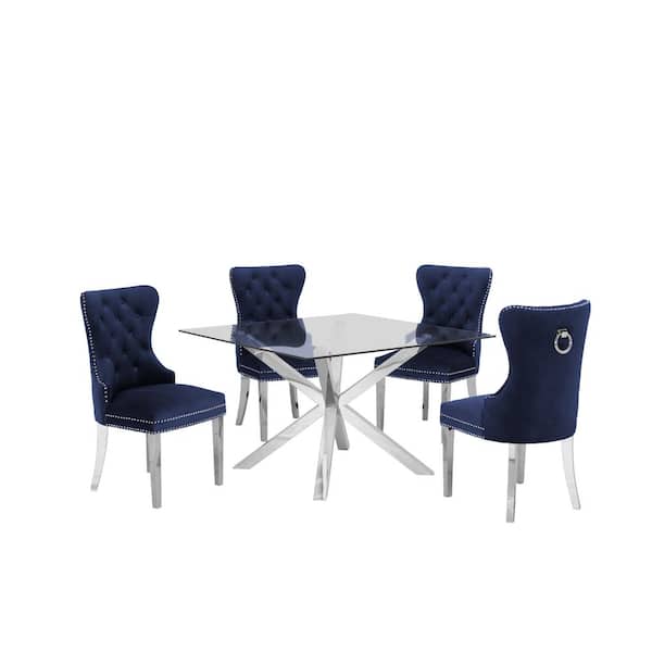 Best Quality Furniture Anitta 5-Piece Square Glass Top With Stainless Steel Base Table Set, 4 Navy Blue Velvet Chair W/Nailhead Trim&Back Ring