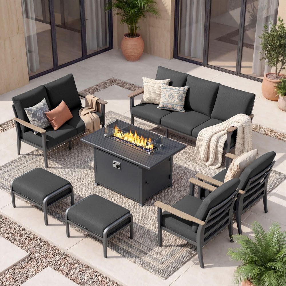 7-Piece Aluminum Patio Conversation Set with Fire Table, 3-Seat Sofa, Loveseat, 2 Chairs, 2 Ottomans Dark Gray Cushions price history on PriceWatchPro