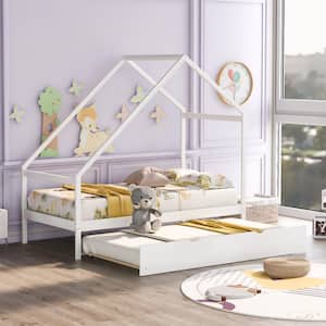 White Twin Size Wood House Bed Kids Bed with Trundle