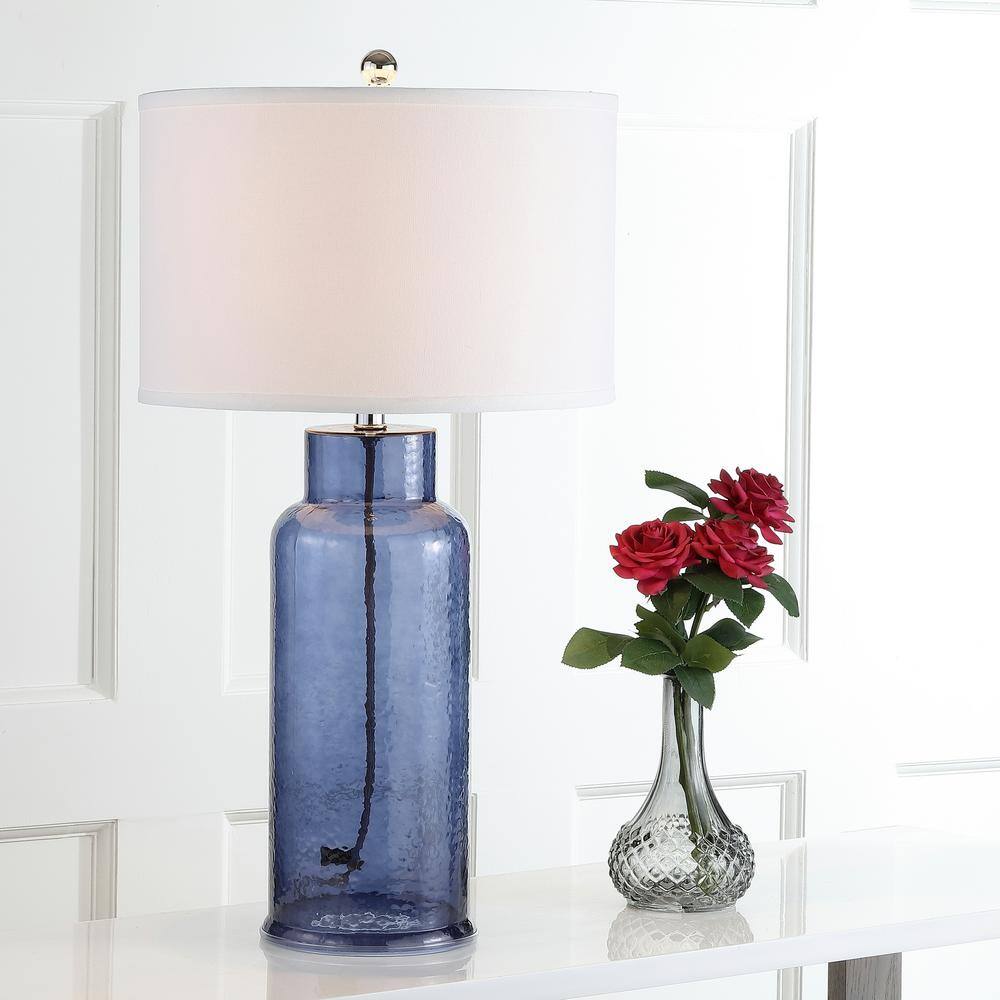 Blue Glass Bottle Table Lamp with Off-White Shade