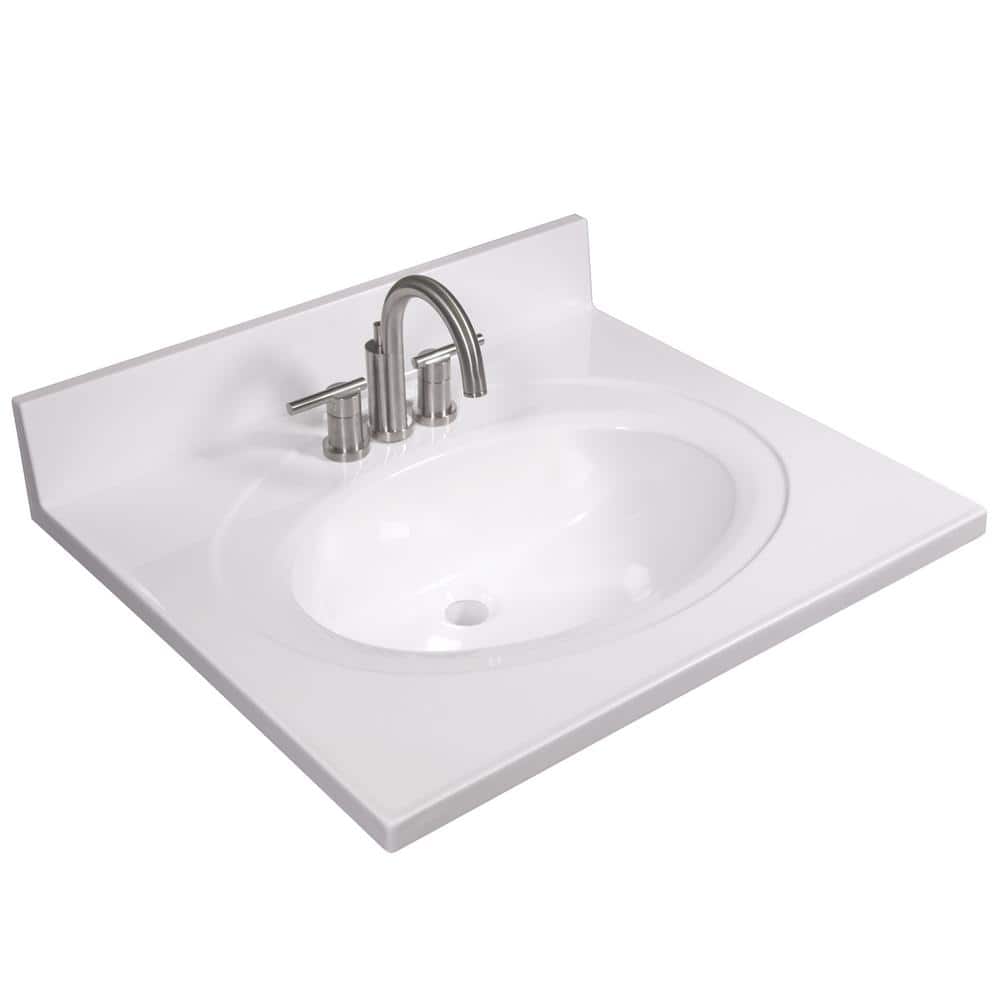 Solid White Cultured Marble Vanity Top with Integrated Oval Bowl, 25-inch