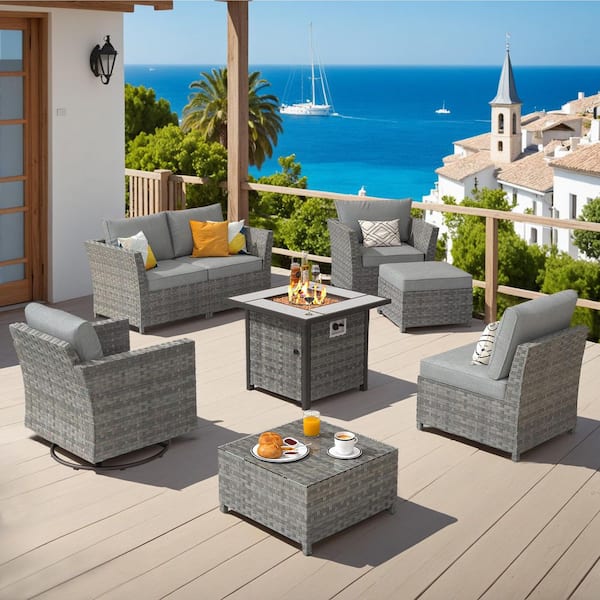 OVIOS Bexley Gray 8-Piece Wicker Fire Pit Patio Conversation Seating Set with Dark Gray Cushions and Swivel Chairs