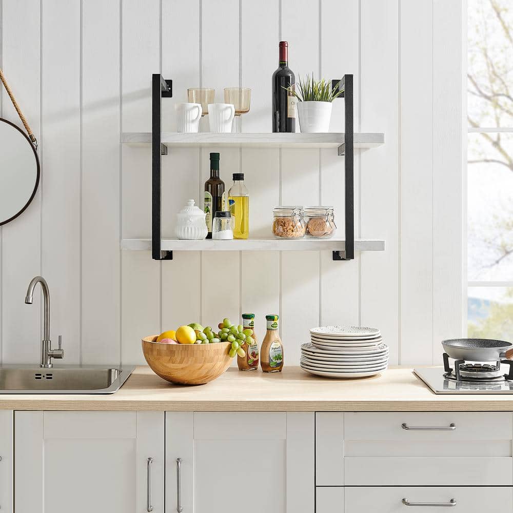 White Birch and Black Iron 2-Tier Floating Wall Shelf