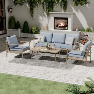 4-Piece Aluminum Patio Conversation Set with Webbing Chair Back and Blue Cushions