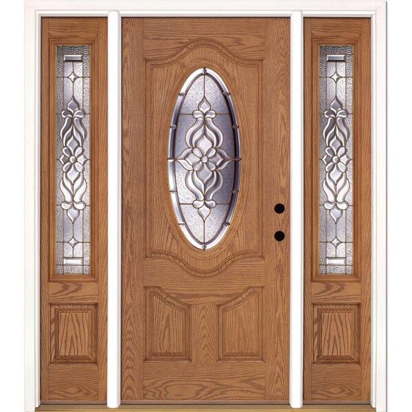 Feather River Doors 67.5 in.x81.625 in. Lakewood Brass 3/4 Oval Lite Stained Light Oak Left-Hand Fiberglass Prehung Front Door w/Sidelites