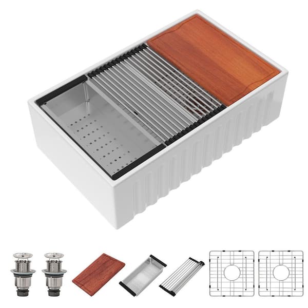 33 In. Gloss White 50/50 Split Double Bowl Farmhouse Sink Ceramic Apron Front Workstation Kitchen Sink Country Style