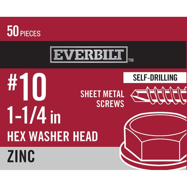 Everbilt #10 x 1-1/4 in. Hex Head Zinc Plated Sheet Metal Screw (50-Pack)