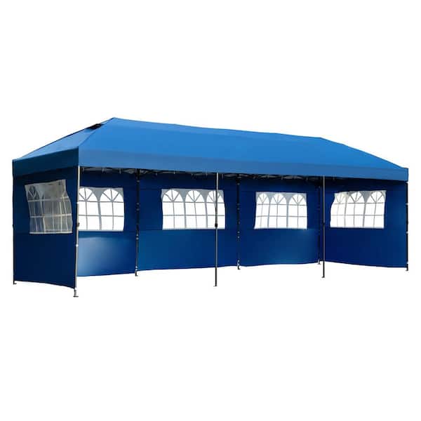 Zeus & Ruta 10 ft. x 30 ft. Blue Pop Up Canopy with Sidewalls and Wheeled Bag for Backyard, Wedding Party Tent