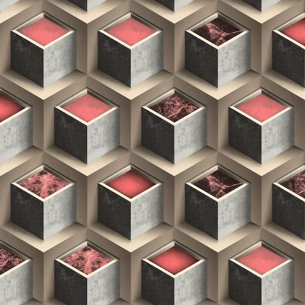 Dundee Deco Falkirk Ophia Cubes Red Copper, Grey Vinyl Peelable Roll (Covers 57 sq. ft.)
