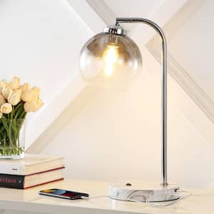 Ada 20 in. Chrome/Smoke Gray Industrial Contemporary Iron/Glass LED Task Lamp with USB Charging Port