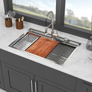 33 in. Drop-in Single Bowl 16 Gauge Brushed Nickel Stainless Steel Kitchen Sink with Ledge Workstation