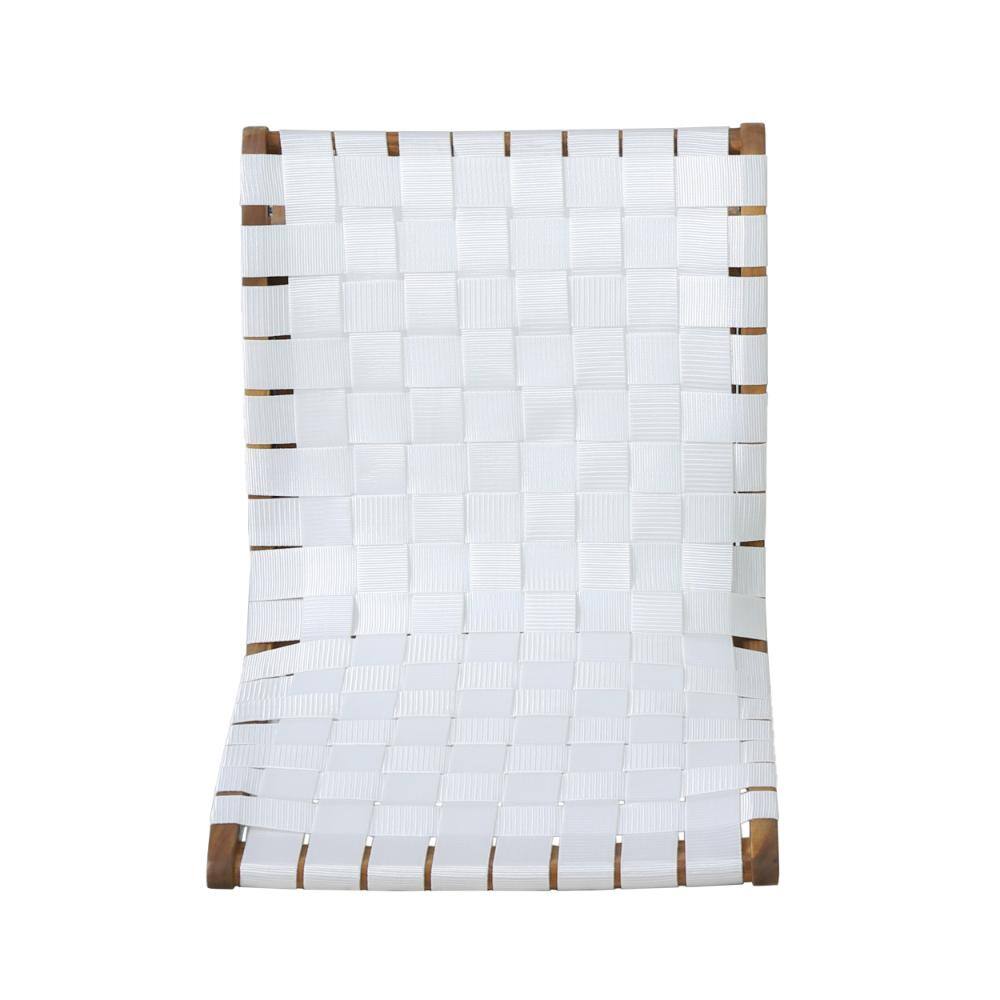 Close-up of the white woven fabric on an acacia wood chair.