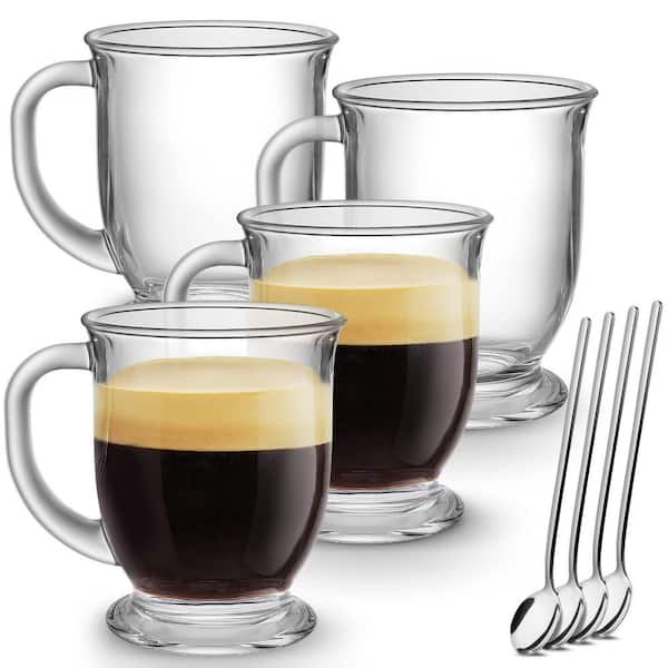 Glass Coffee Mugs, Clear Coffee Mug 15 oz. with Handles for Hot Beverages, Clear Mugs for Tea, Cappuccino (Set of 4)