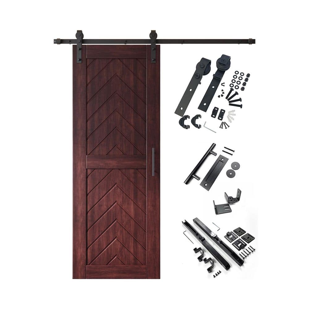 JT1 26 in. x 80 in. C-Panel Red Mahogany Fishbone Design Solid Pine Wood Sliding Barn Door with Hardware Kit price history on PriceWatchPro