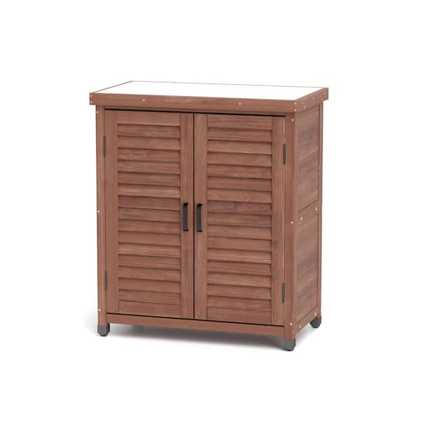 Zeus & Ruta 31 in. W x 36 in. H Brown Wood Outdoor Garden Potting Bench with Storage Cabinet and Metal Table Top for Outdoor, Patio