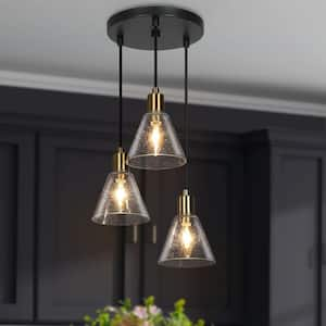 Transitional Kitchen Island Cluster Pendant Light 3-Light Black and Brass Pendant Light with Cone Clear Glass Shades