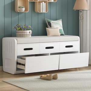 White Entryway Storage Bench Rustic Dining Bench with 2-Drawers and Removable Cushion 43 in. W