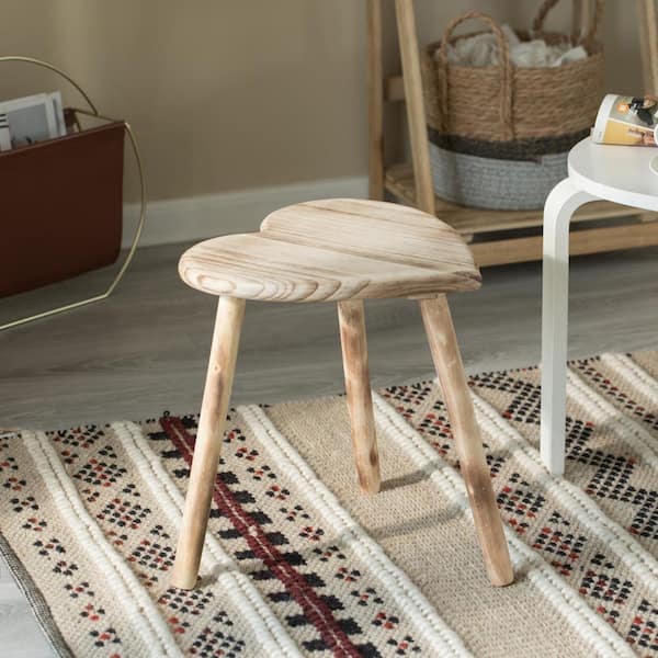 15.5 in. Antique Decorative Wooden Heart Shaped Natural Wooden Accent Stool, Classic Room Decoration