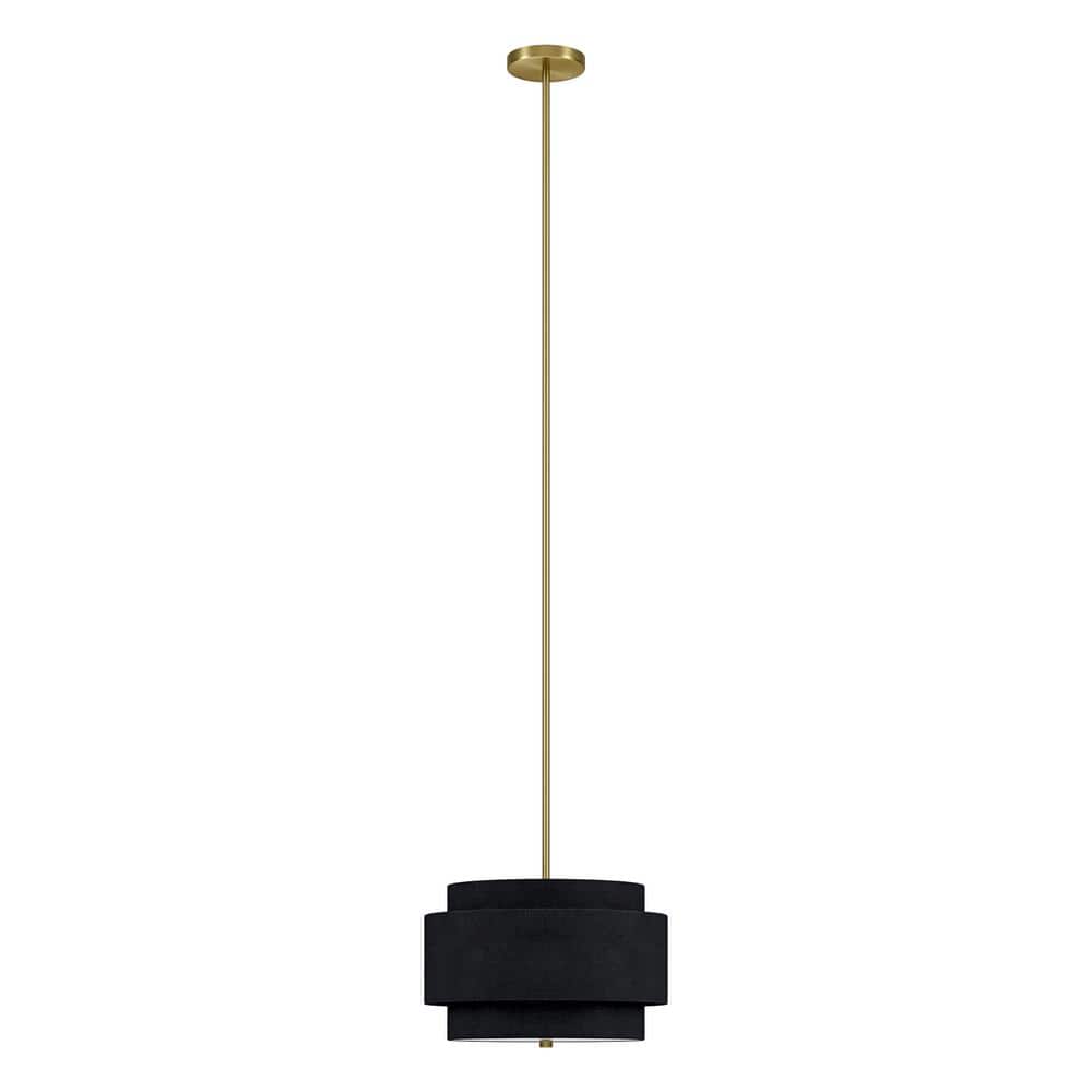 Brass and Black Double Drum Pendant Light with Fabric Shade