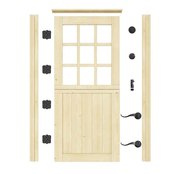 36 in. x 80 in. Solid Universal 9-Lite Clear Glass Unfinished Dutch Wood Prehung Front Door, Quick Assemble Jamb