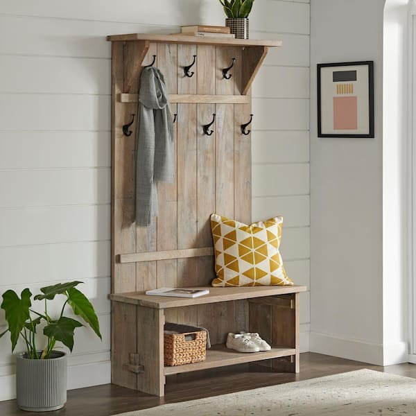 Castleton 70 in. Hall Tree with Bench, Shelves and Coat Hooks, Solid Mango Wood Entryway Organizer in Driftwood Finish